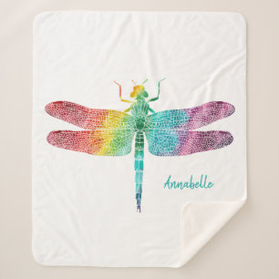 Gorgeous Rainbow Watercolor Dragonfly Personalised Sherpa Blanket