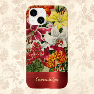 Gorgeous Red and Gold Vintage Lilies with Monogram iPhone 14 Case