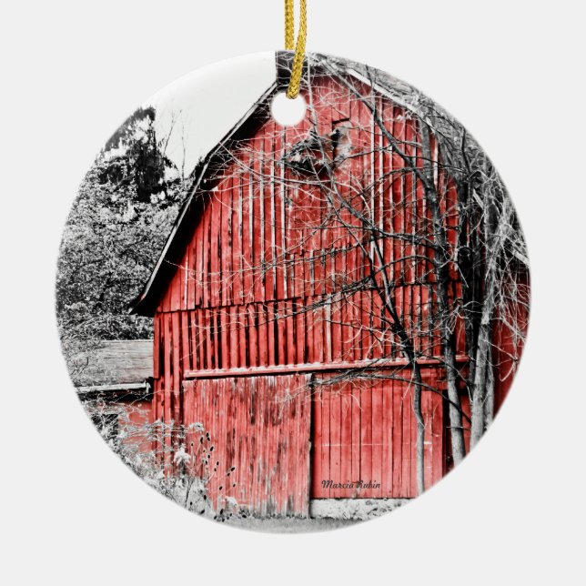 Gorgeous Red Barn Ceramic Tree Decoration (Front)