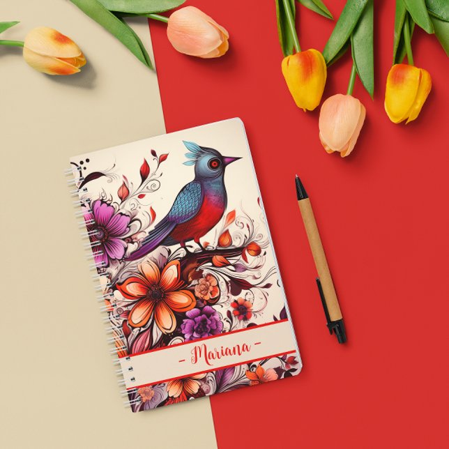Gorgeous Red bird and floral custom name Summer Notebook (Gorgeous Red bird and floral custom name Summer Notebook)