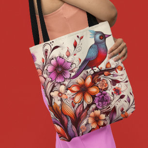 Gorgeous Red bird and floral Summer Tote Bag
