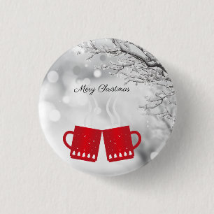 Gorgeous, Red Christmas a Cup of Tea on Snowy Day 3 Cm Round Badge
