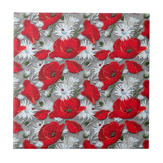 Gorgeous red poppies summer flowers pattern ceramic tile (Front)