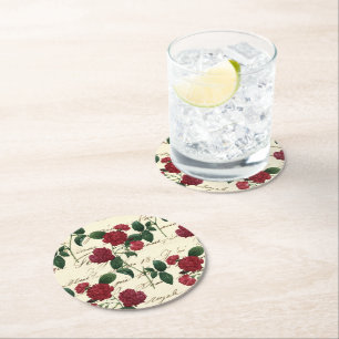 Gorgeous Red Roses and Classic Vintage Handwriting Round Paper Coaster