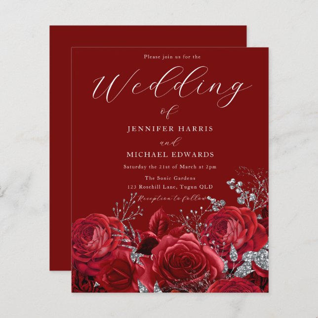 Gorgeous Red Roses Budget Wedding Invitation (Front/Back)