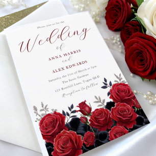 Gorgeous Red Roses Elegant Silver Wedding Invitation