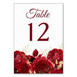 Gorgeous Red Roses & Gold Wedding or Quinceanera Table Number