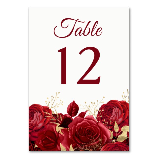 Gorgeous Red Roses & Gold Wedding or Quinceanera Table Number (Front)