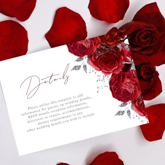 Gorgeous Red Roses & Silver Wedding Details Enclosure Card (Creator Uploaded)