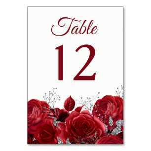 Gorgeous Red Roses & Silver Wedding or Quinceanera Table Number