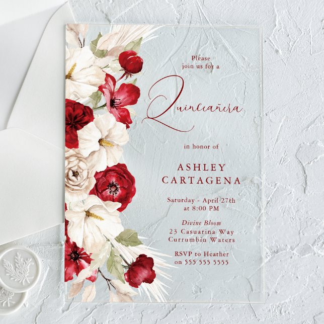 Gorgeous Red & White Floral Quinceanera Acrylic Invitations (Creator Uploaded)
