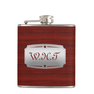 Gorgeous Red Wood and Silver Printed Monogram Hip Flask