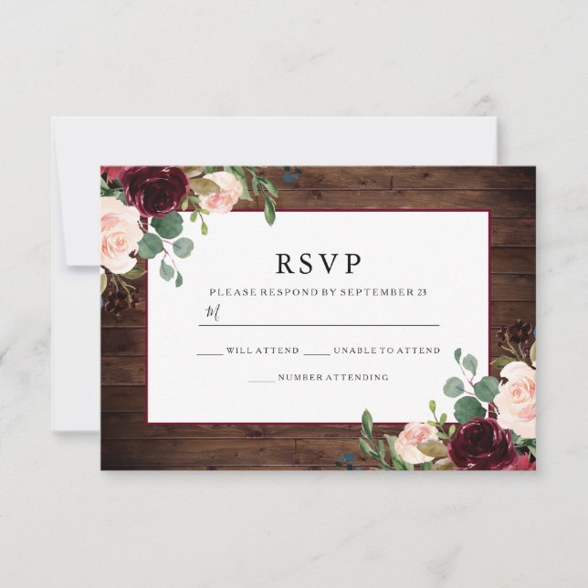 Gorgeous Rustic Burgundy Flowers Elegant Wedding RSVP Card (Front)
