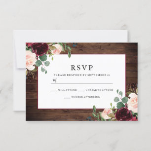 Gorgeous Rustic Burgundy Flowers Elegant Wedding RSVP Card