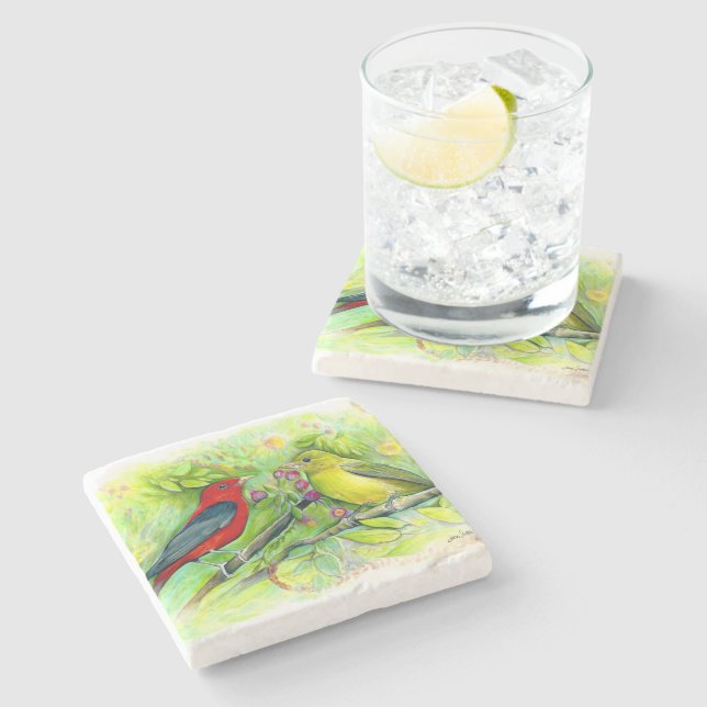 Gorgeous Scarlet Tanager Couple Art Stone Coaster (Side)