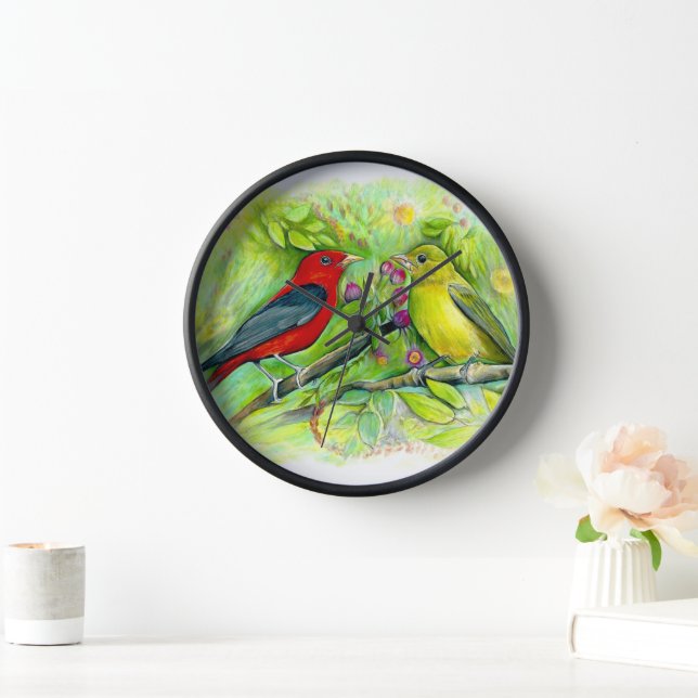 Gorgeous Scarlet Tanagers Watercolor Art Clock (Home)