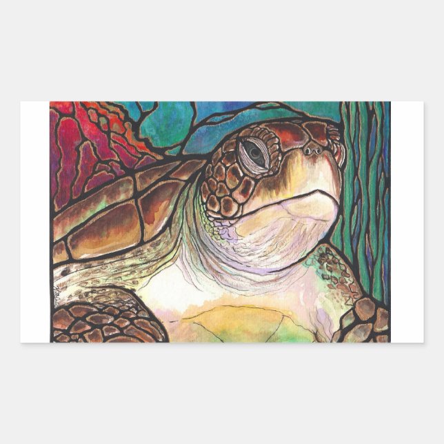 Gorgeous Sea Turtle Stained Glass Style Art Rectangular Sticker (Front)
