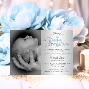 Gorgeous Silver Blue Cross Boy PHOTO Baptism Invitation