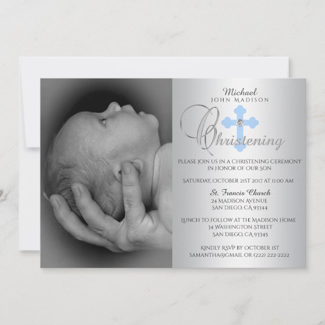 Gorgeous Silver Blue Cross Boy PHOTO Christening Invitation (Front)