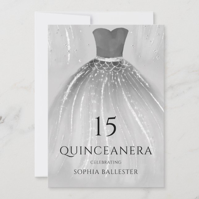Gorgeous Silver Mermaid Dress Quinceanera Party Invitation (Front)