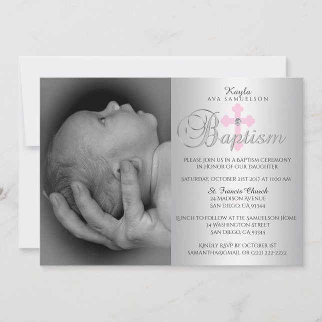 Gorgeous Silver Pink Cross Girl PHOTO Baptism Invitation (Front)