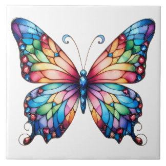Gorgeous Stained Glass Butterfly Glow  Ceramic Tile