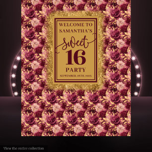 Gorgeous Sweet Sixteen Blush Burgundy Gold Banner Tapestry