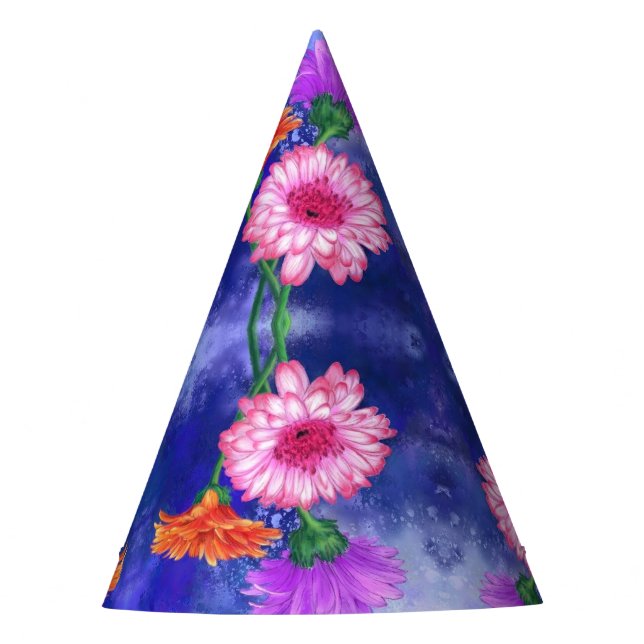 Gorgeous Three Colour Gerberas - Migned Art Drawin Party Hat (Front)