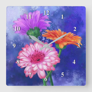 Gorgeous Three Colour Gerberas - Migned Art Drawin Square Wall Clock