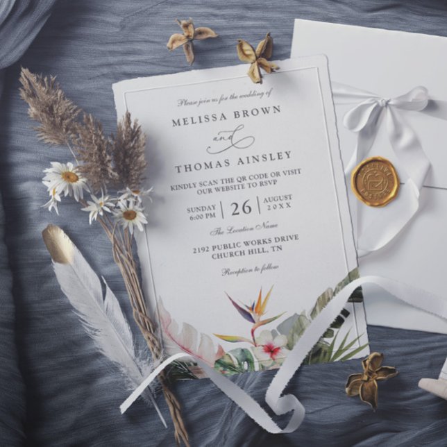 Gorgeous Tropical Botanicals QR Code Wedding Invitation (Creator Uploaded)