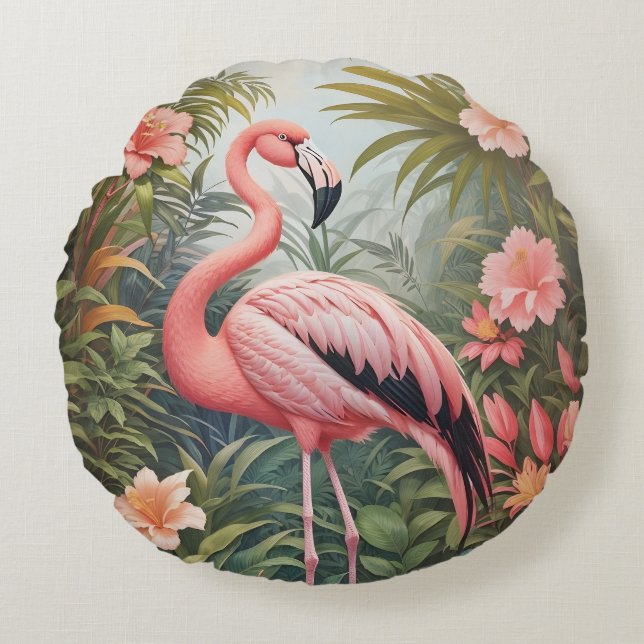 Gorgeous Tropical Pink Flamingo Bird Round Cushion (Front)