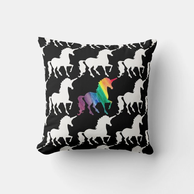 Gorgeous Unicorn Rainbow Black & White Pattern Cushion (Front)