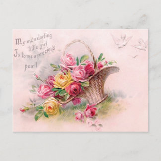 Gorgeous Victorian Pink & Yellow Roses Basket Postcard