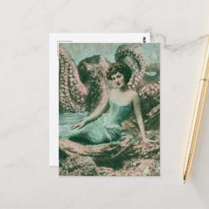 Gorgeous Vintage Mermaid Lady and a Sea Monster Postcard