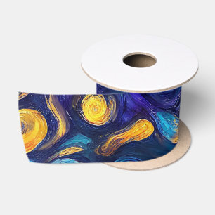 Gorgeous Watercolor Blue Starry Night Painted Satin Ribbon