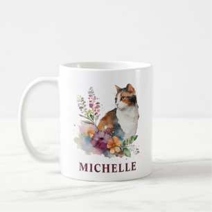Gorgeous Watercolor Calico Cat and Flowers Coffee Mug