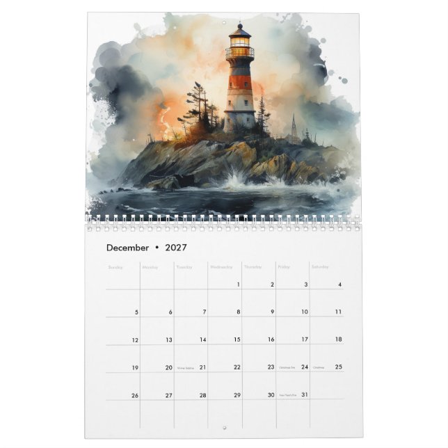 Gorgeous Watercolor Lighthouse 12 Month Calendar (Dec 2027)