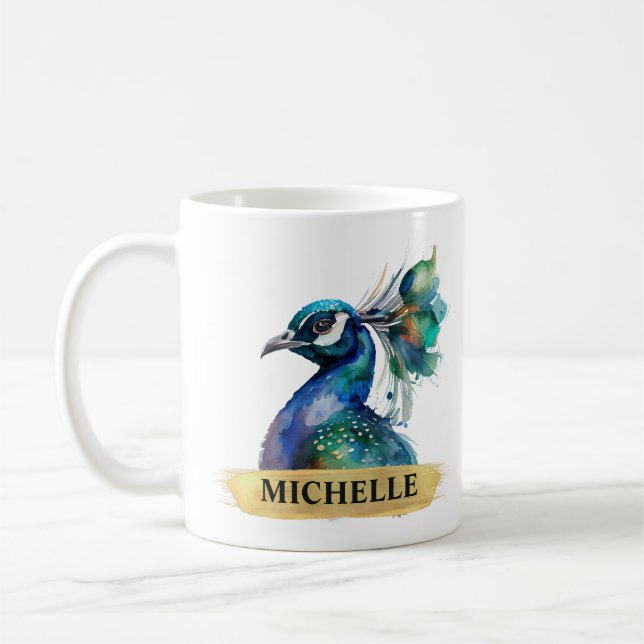 Gorgeous Watercolor Peacock and Gold Brushstroke Coffee Mug (Left)