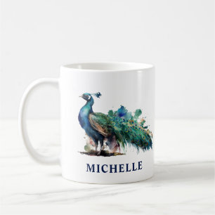 Gorgeous Watercolor Personalised Peacock Coffee Mug