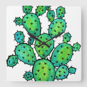 Gorgeous Watercolor Prickly Cactus Square Wall Clock