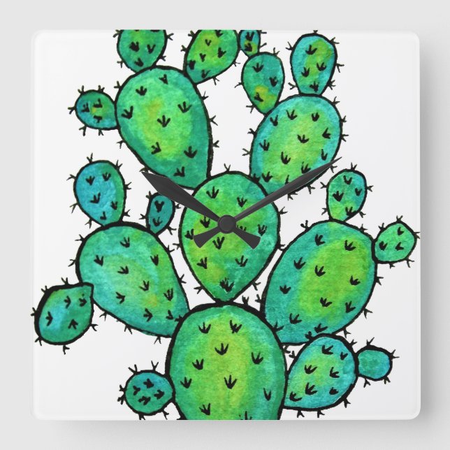 Gorgeous Watercolor Prickly Cactus Square Wall Clock (Front)