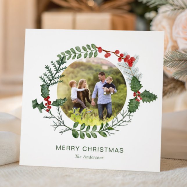 Gorgeous Watercolor Wreath Photo Christmas Holiday Card (Creator Uploaded)