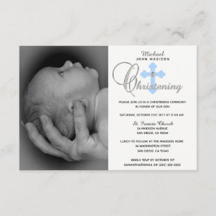 Gorgeous White Blue Cross Boy PHOTO Christening Invitation