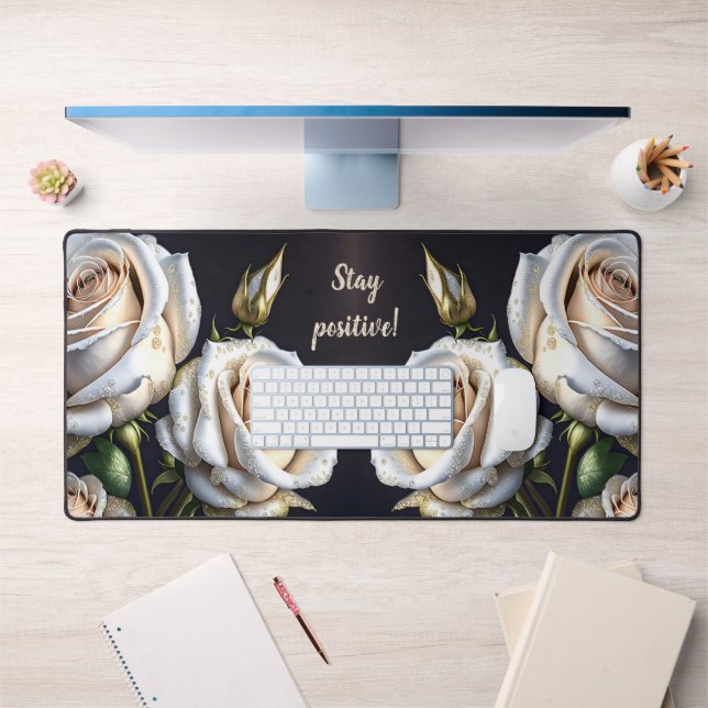 Gorgeous white roses with golden details  desk mat (Office 1)