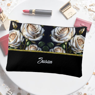 Gorgeous white roses with golden details, elegant accessory pouch