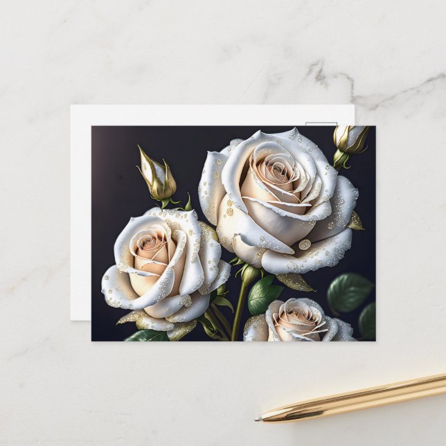 Gorgeous white roses with golden details holiday postcard (Front/Back In Situ)