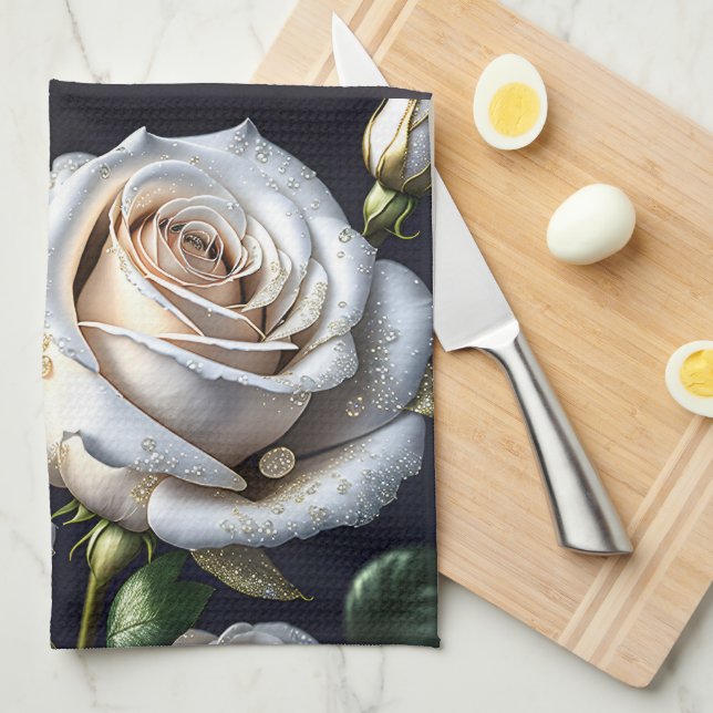 Gorgeous white roses with golden details tea towel (Quarter Fold)