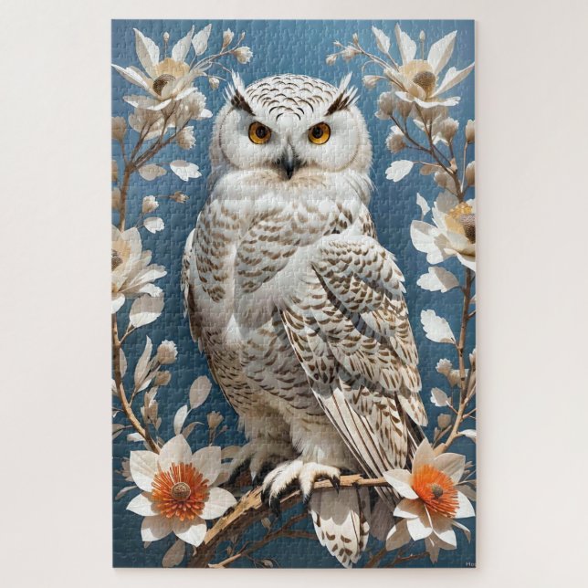 Gorgeous White Snowy Owl Botanical Jigsaw Puzzle (Vertical)