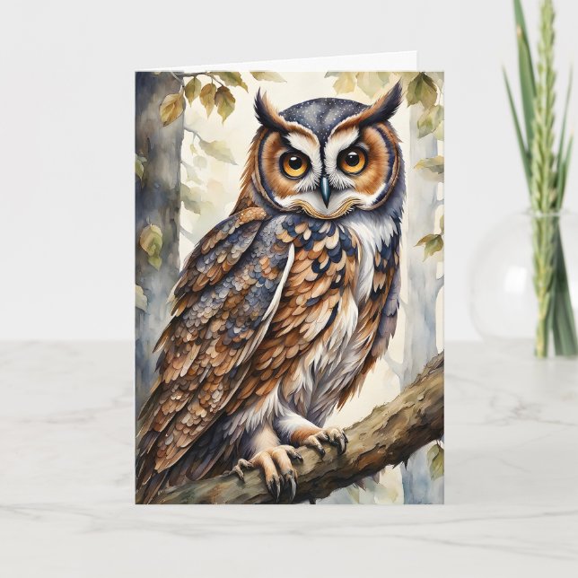 Gorgeous Wood Owl on Tree Branch Leaves Blank Card (Front)