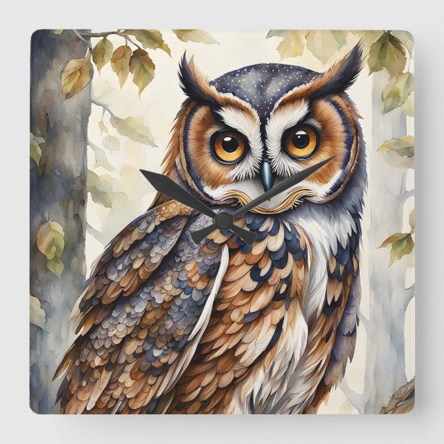 Gorgeous Wood Owl on Tree Branch Leaves Square Wall Clock (Front)